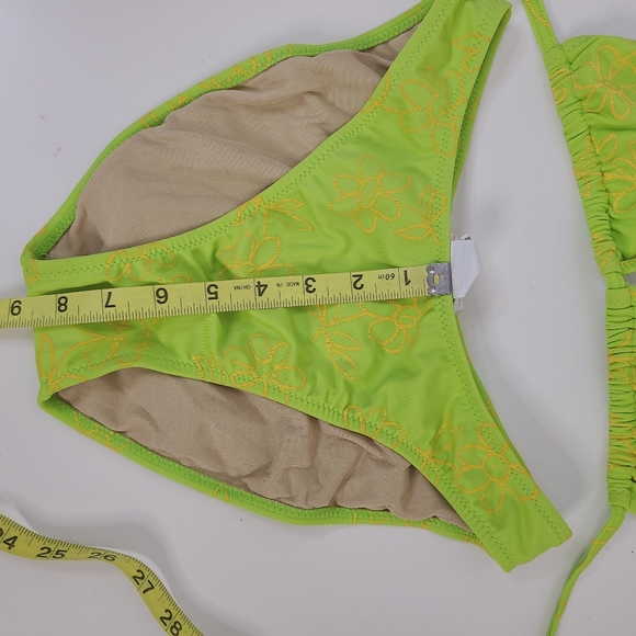 90s Y2K Vintage Neon Green Triangle Floral High Thigh Bikini Swim Suit - Picture 11 of 12